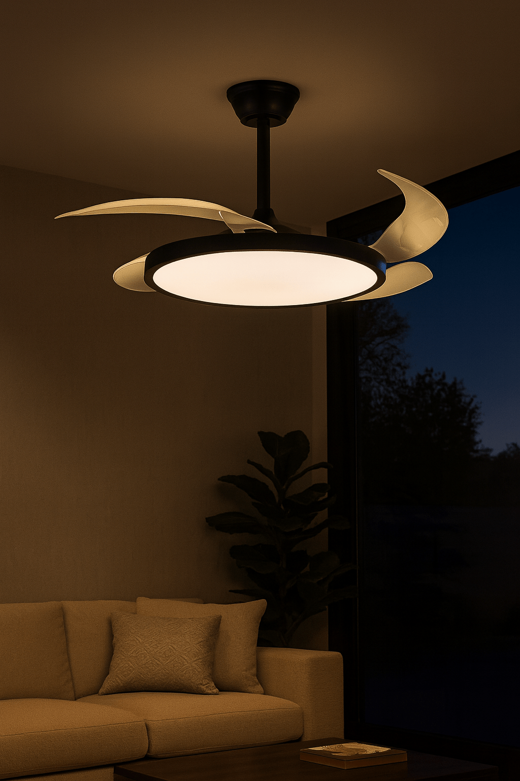 South African family relaxing in a lounge with a ceiling fan