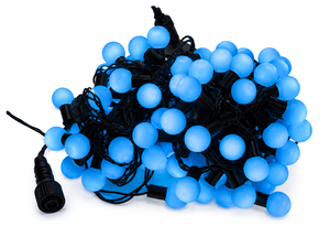 Connectable LED ball string lights with blue bulbs and black wiring, coiled together.