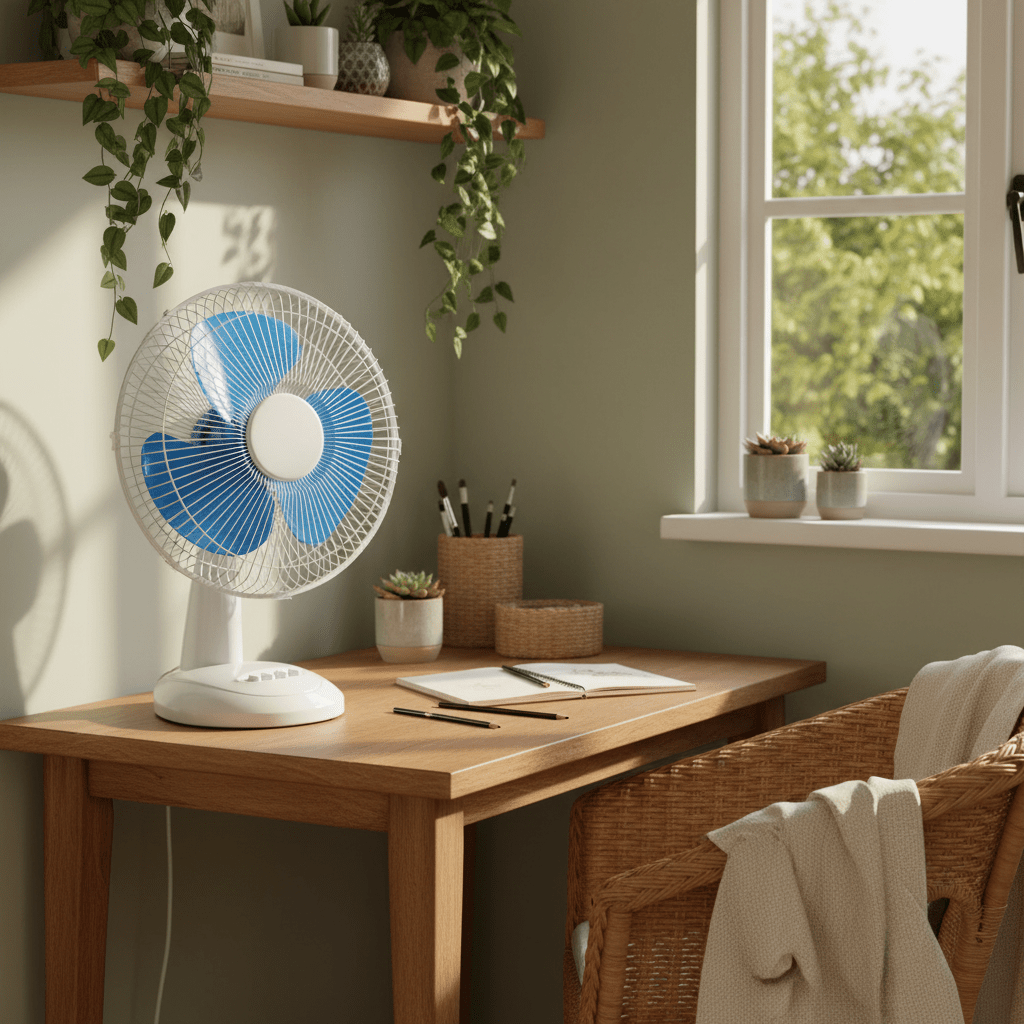 A 12-inch desk fan with blue blades on a wooden table, surrounded by plants and stationery.