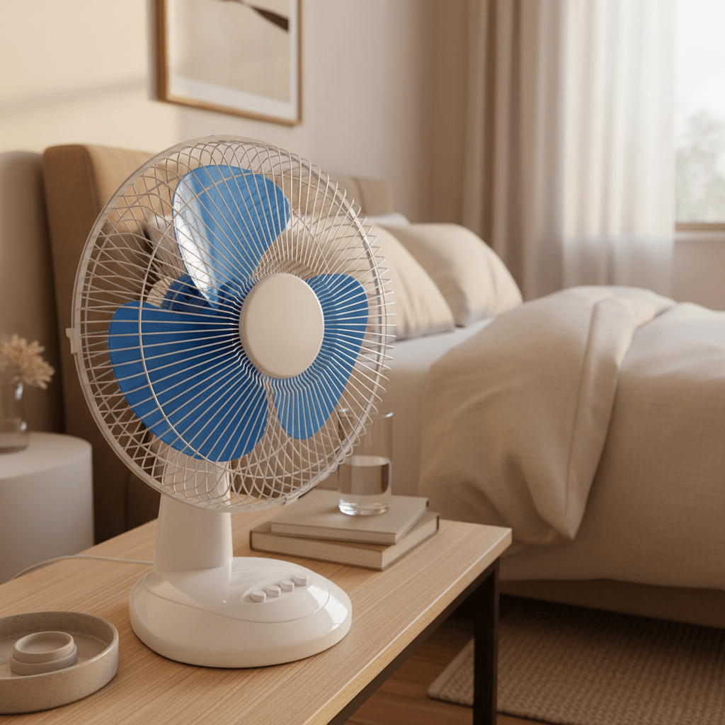 A 12-inch desk fan with blue blades on a wooden table beside a bed, creating a cozy bedroom atmosphere.
