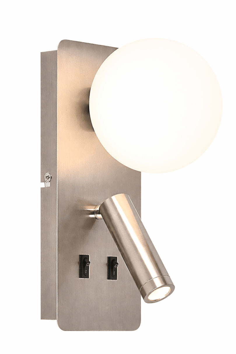 Modern wall-mounted light fixture with a round glass shade and adjustable arm on a white background