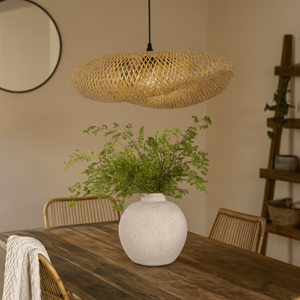 Bamboo pendant light above dining table, realistic South African home interior, warm ambient lighting and natural woven shade, 800x800 composition with oak, linen and terracotta accents