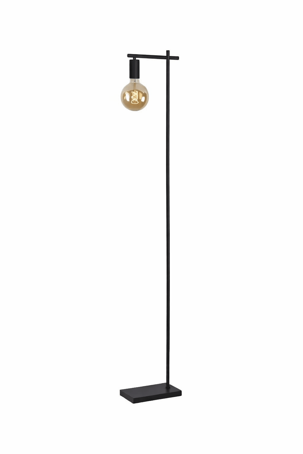 Black floor lamp with a single bulb on a white background