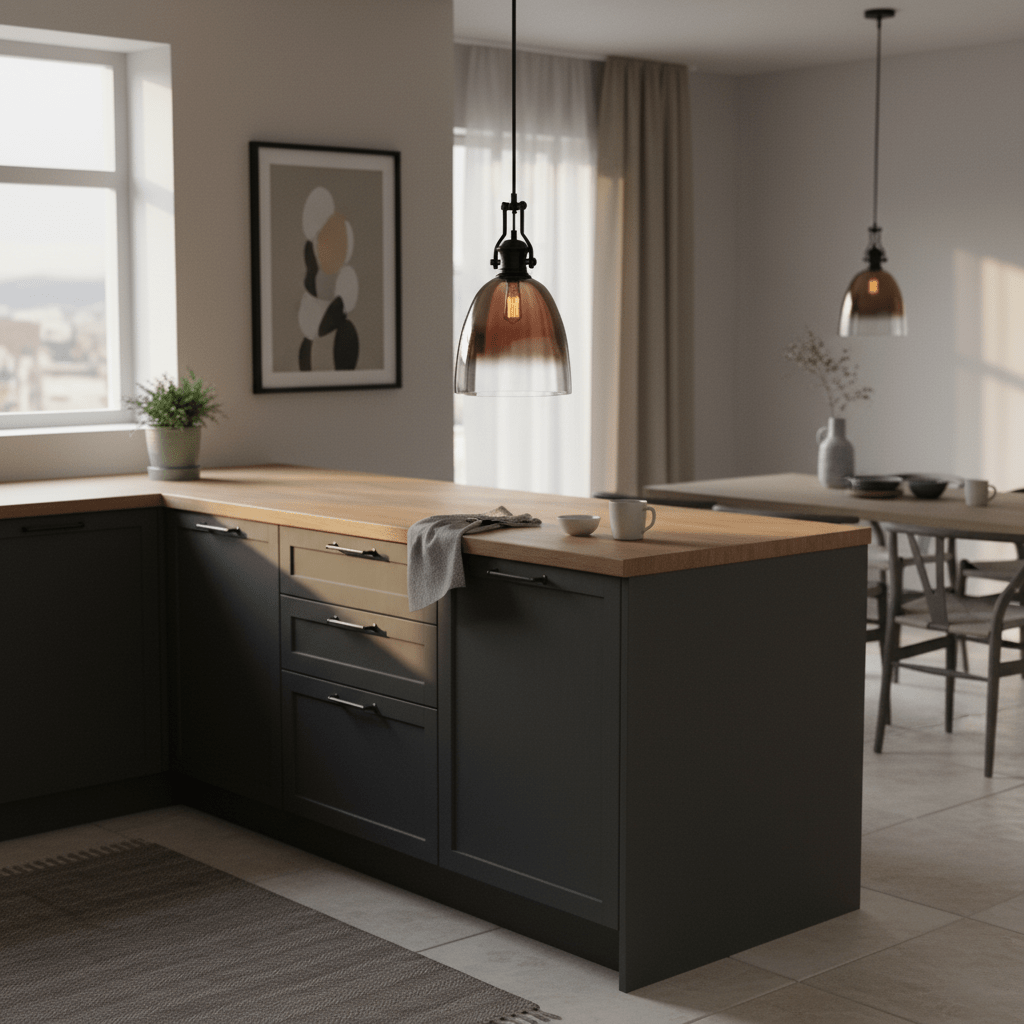 Black metal pendant light with faded rose gold glass shade hanging over a wooden kitchen island.
