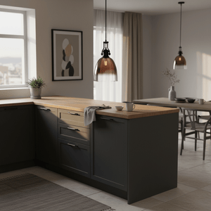 Black metal pendant light with faded rose gold glass shade hanging over a wooden kitchen island.