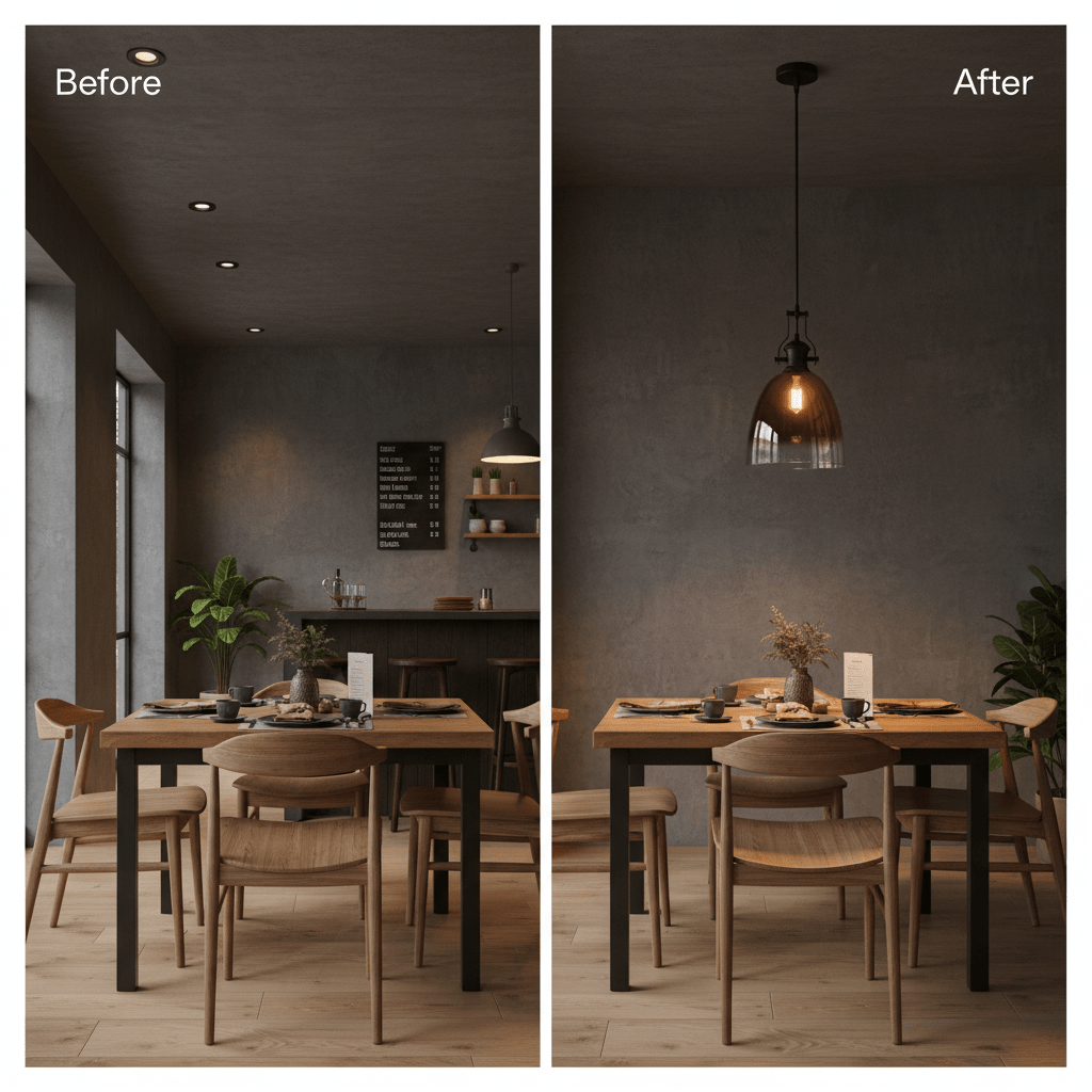 Before and after comparison of a dining area with a black metal pendant light featuring a faded rose gold glass shade.