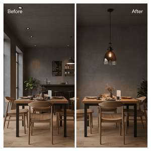 Before and after comparison of a dining area with a black metal pendant light featuring a faded rose gold glass shade.