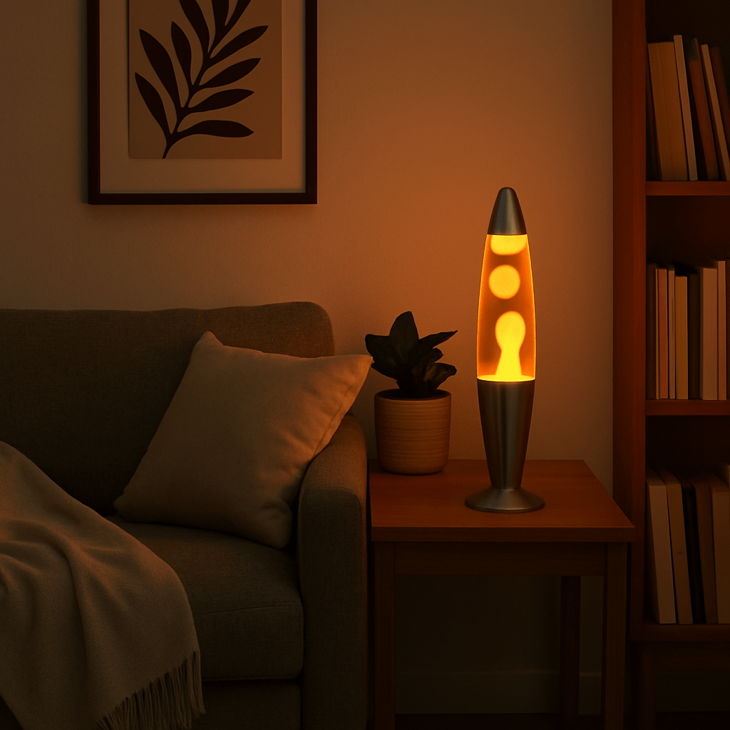 Red and yellow lava lamp on a wooden side table next to a sofa in a cozy living room setting.
