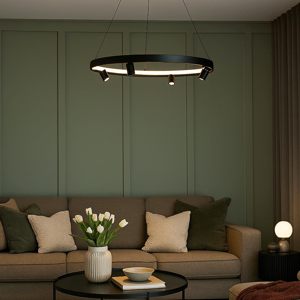 Modern living room with a pendant light, sofa, and coffee table.