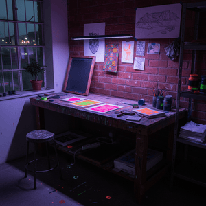 A creative workspace illuminated by a blacklight tube, showcasing vibrant art prints and supplies.