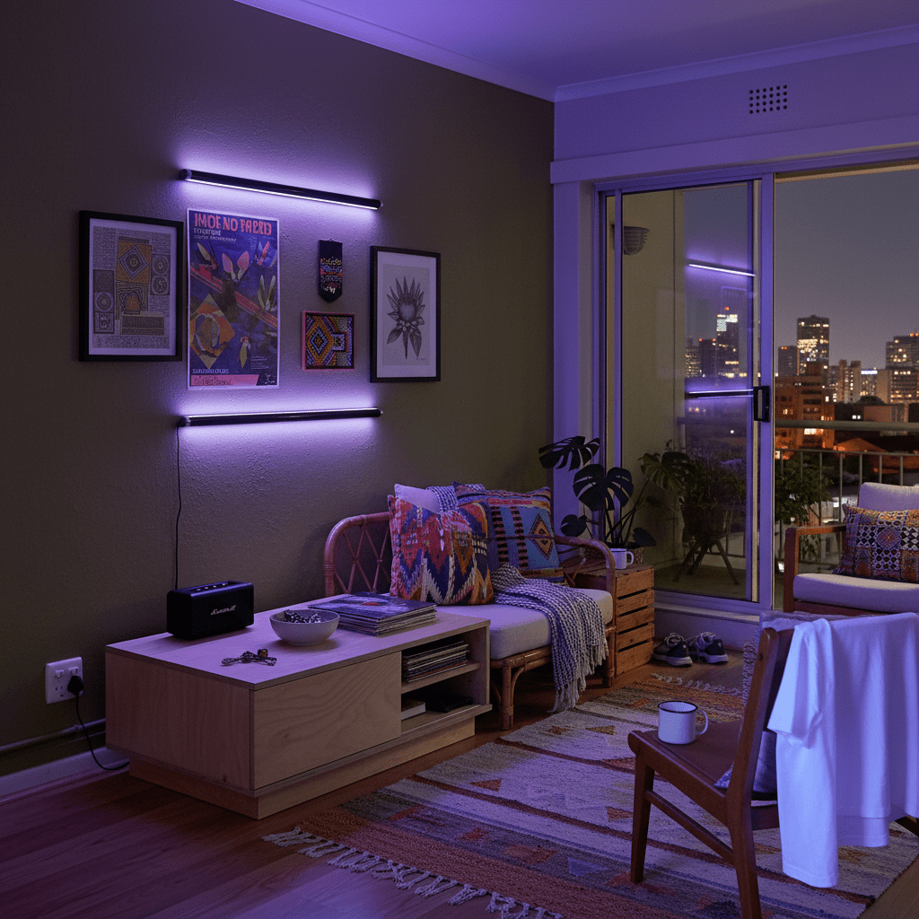 A cozy living room featuring a blacklight blue fluorescent tube illuminating artwork and decor, creating a vibrant