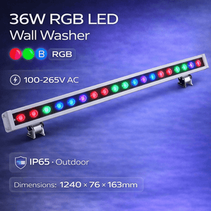 36W RGB LED wall washer with color options and specifications on a blue background