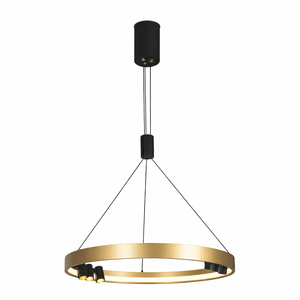 Gold pendant light with black accents on a white background