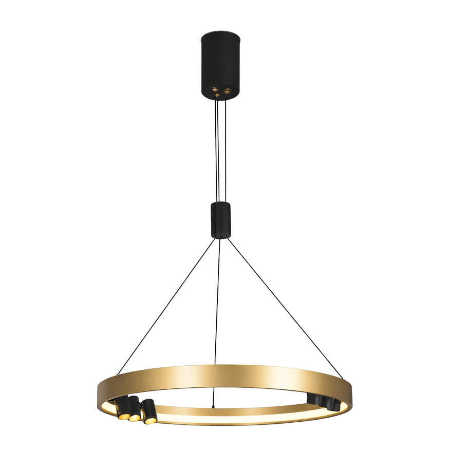 Gold pendant light with black accents on a white background