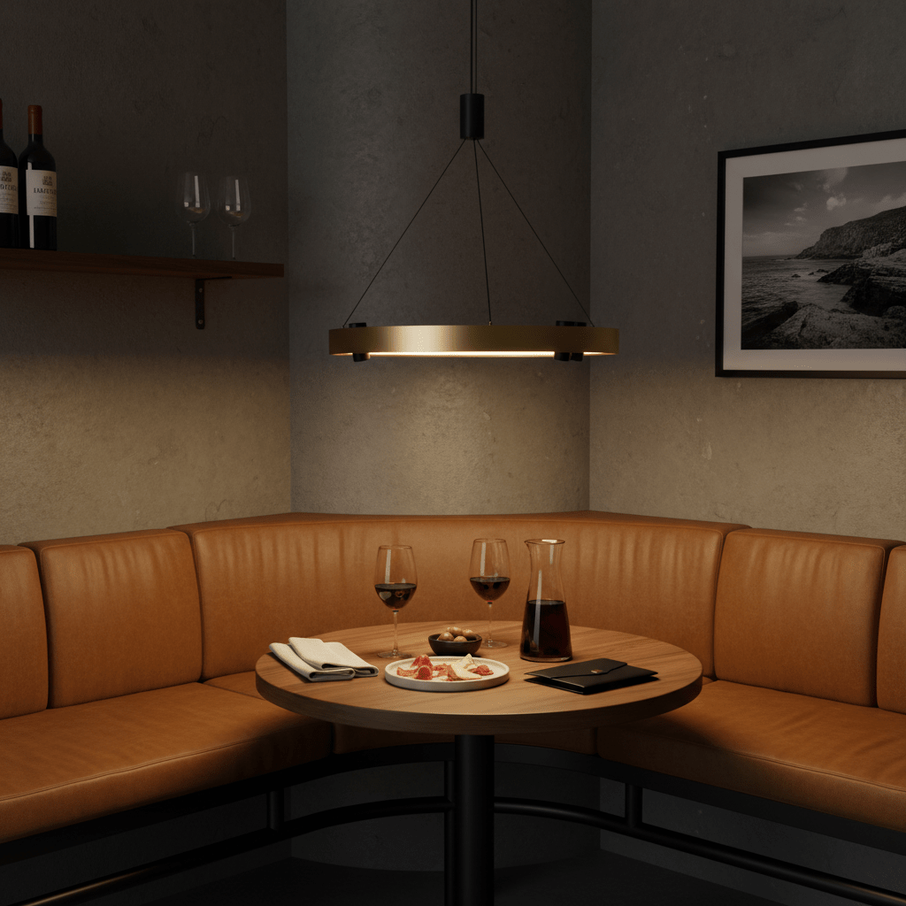 Black & Gold Monaco Round LED Pendant light hanging above a cozy dining table with wine glasses and food.