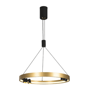 Black and gold round LED pendant light with a sleek circular design and three light sources, suspended from a black ceiling mount.