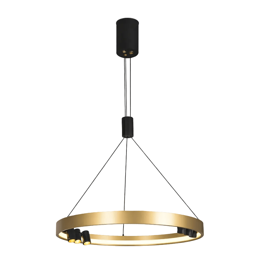 Black and gold round LED pendant light with a sleek circular design and three light sources, suspended from a black ceiling mount.