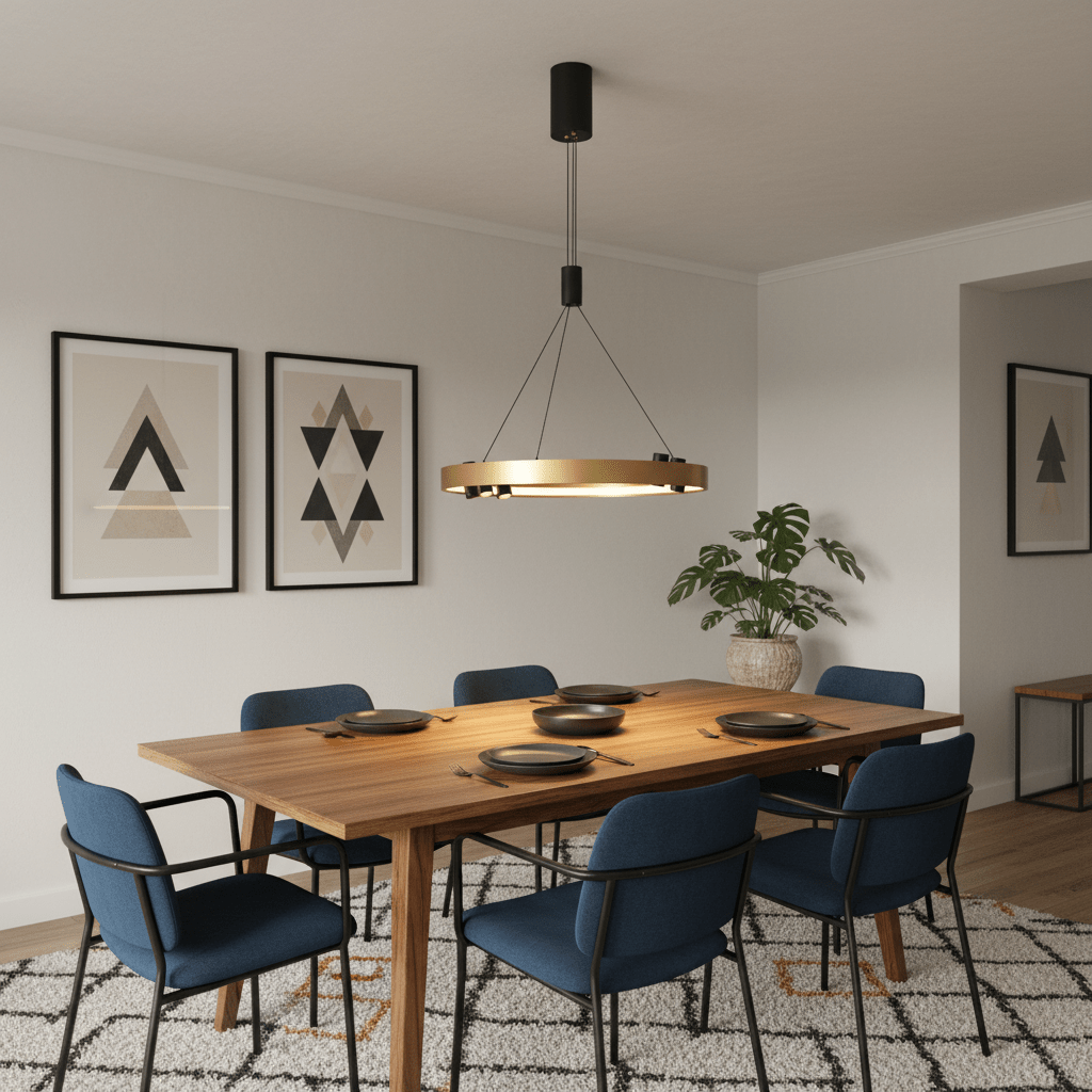 Black & Gold Monaco Round LED Pendant hanging over a wooden dining table set with plates, surrounded by blue chairs.