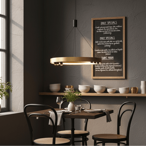 Black & gold round LED pendant light hanging above a wooden dining table with decorative bowls and plants.