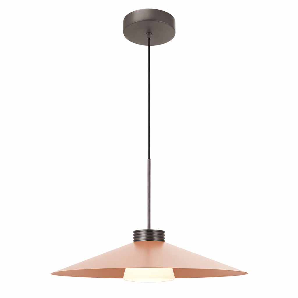 Pendant light with a brown shade on a white background