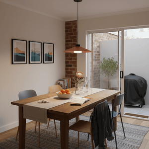 Pendant light with a brown shade on a white background