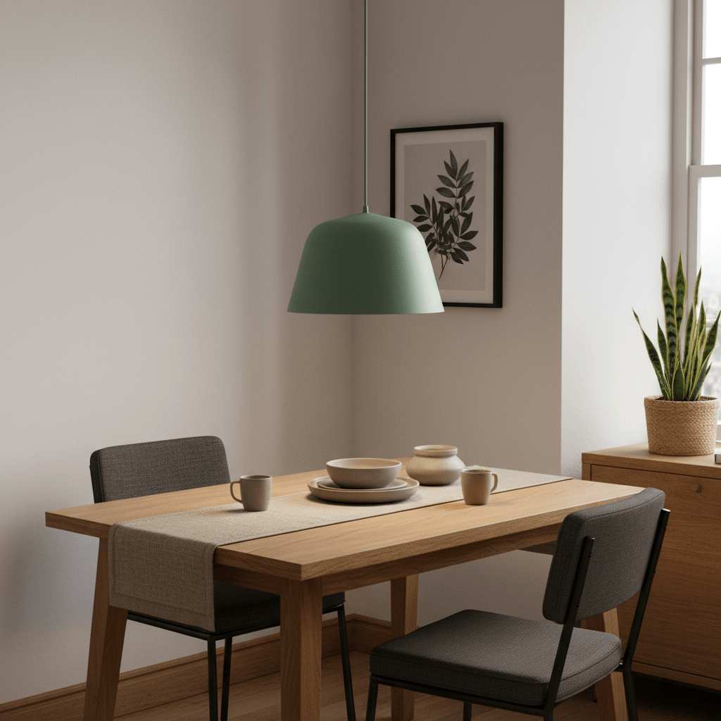 Teal pendant light hanging above a wooden dining table set with dishes and a plant nearby.