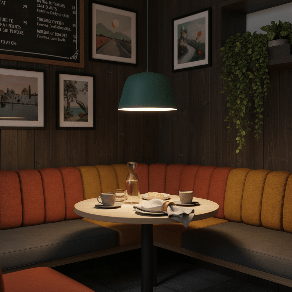 Teal Cupcake Pendant Light hanging above a cozy dining table with colorful seating and decor.