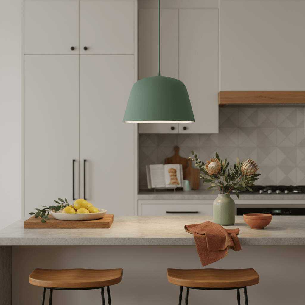 Teal pendant light hanging above a kitchen island with lemons and flowers on the counter.