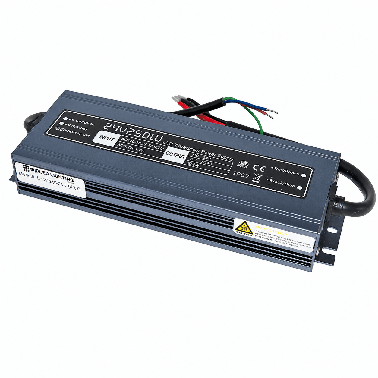Waterproof 24Vdc LED power supply with input/output specifications and IP67 rating.