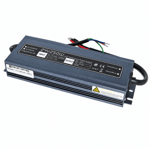 Waterproof 24Vdc LED power supply with input/output specifications and IP67 rating.