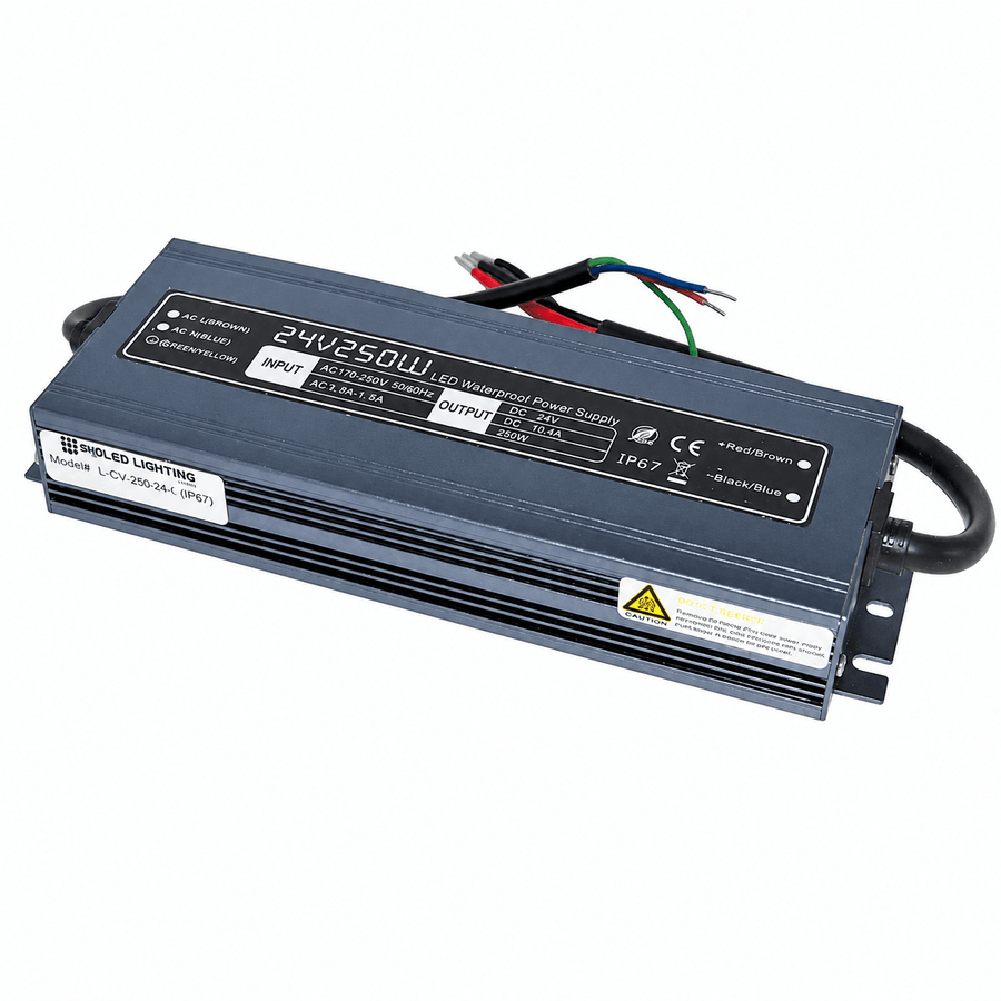 Waterproof 24Vdc LED power supply with input/output specifications and IP67 rating.
