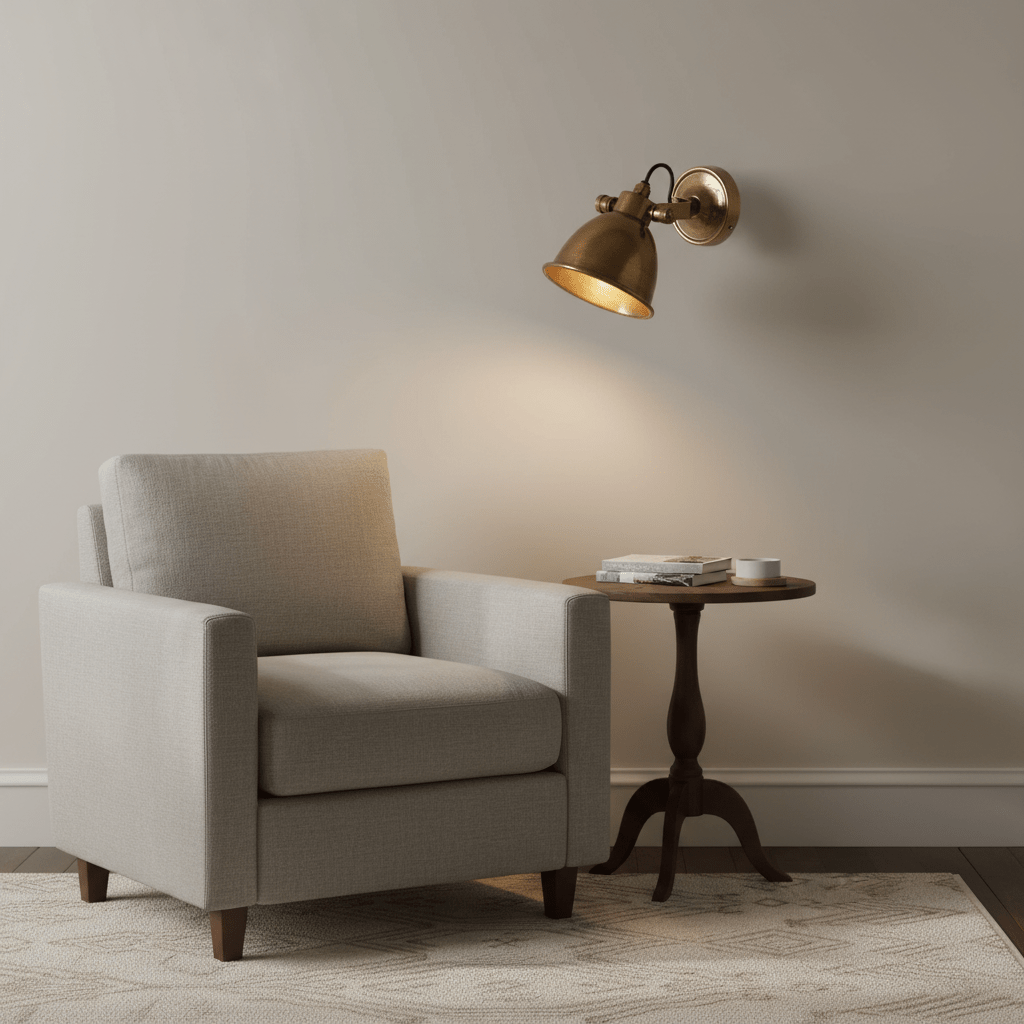 Antique brass wall lamp mounted above a cozy armchair and side table, providing warm ambient light.