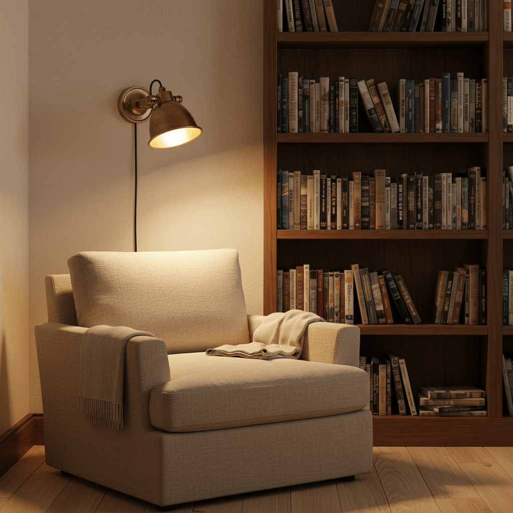 Antique brass wall lamp illuminating a cozy reading chair beside a bookshelf.