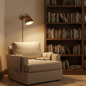 Antique brass wall lamp illuminating a cozy reading chair beside a bookshelf.