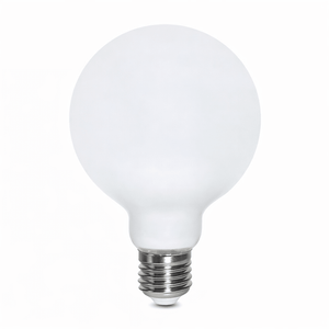 LED dimmable G95 opal filament bulb with E27 base, emitting warm white light.