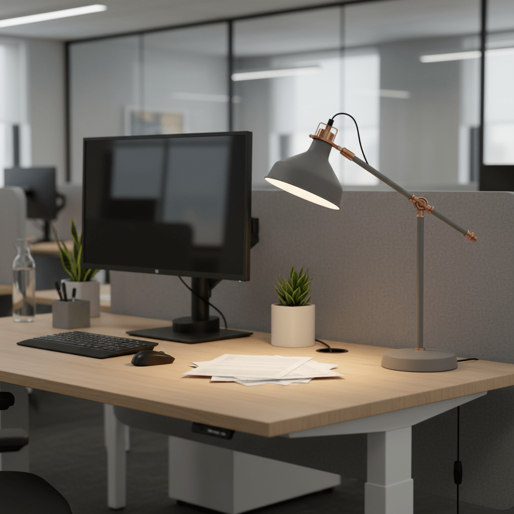 Adjustable desk lamp illuminating a workspace with a computer, plants, and documents.