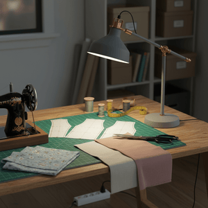 Adjustable desk lamp illuminating a sewing workspace with fabric patterns and tools.