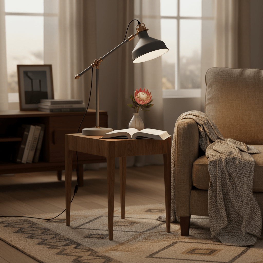 Anna Adjustable Desk Lamp positioned beside a cozy armchair, illuminating an open book on a wooden table.