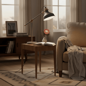 Anna Adjustable Desk Lamp positioned beside a cozy armchair, illuminating an open book on a wooden table.