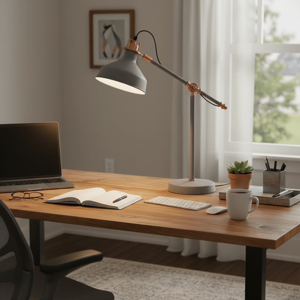 Adjustable desk lamp illuminating an open notebook on a wooden desk with a laptop, coffee cup, and plant.
