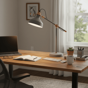 Adjustable desk lamp illuminating an open notebook on a wooden desk with a laptop, coffee cup, and plant.