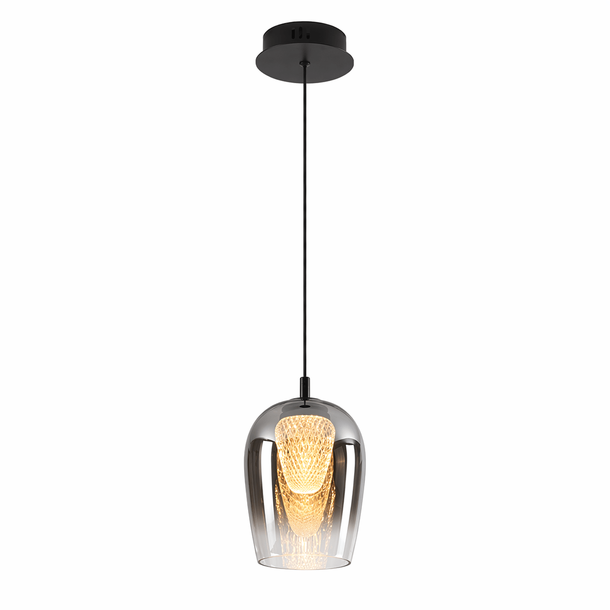 Modern pendant light with glass shade on a white background