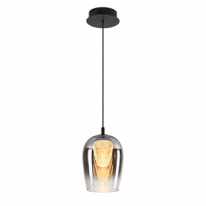 Modern pendant light with glass shade on a white background