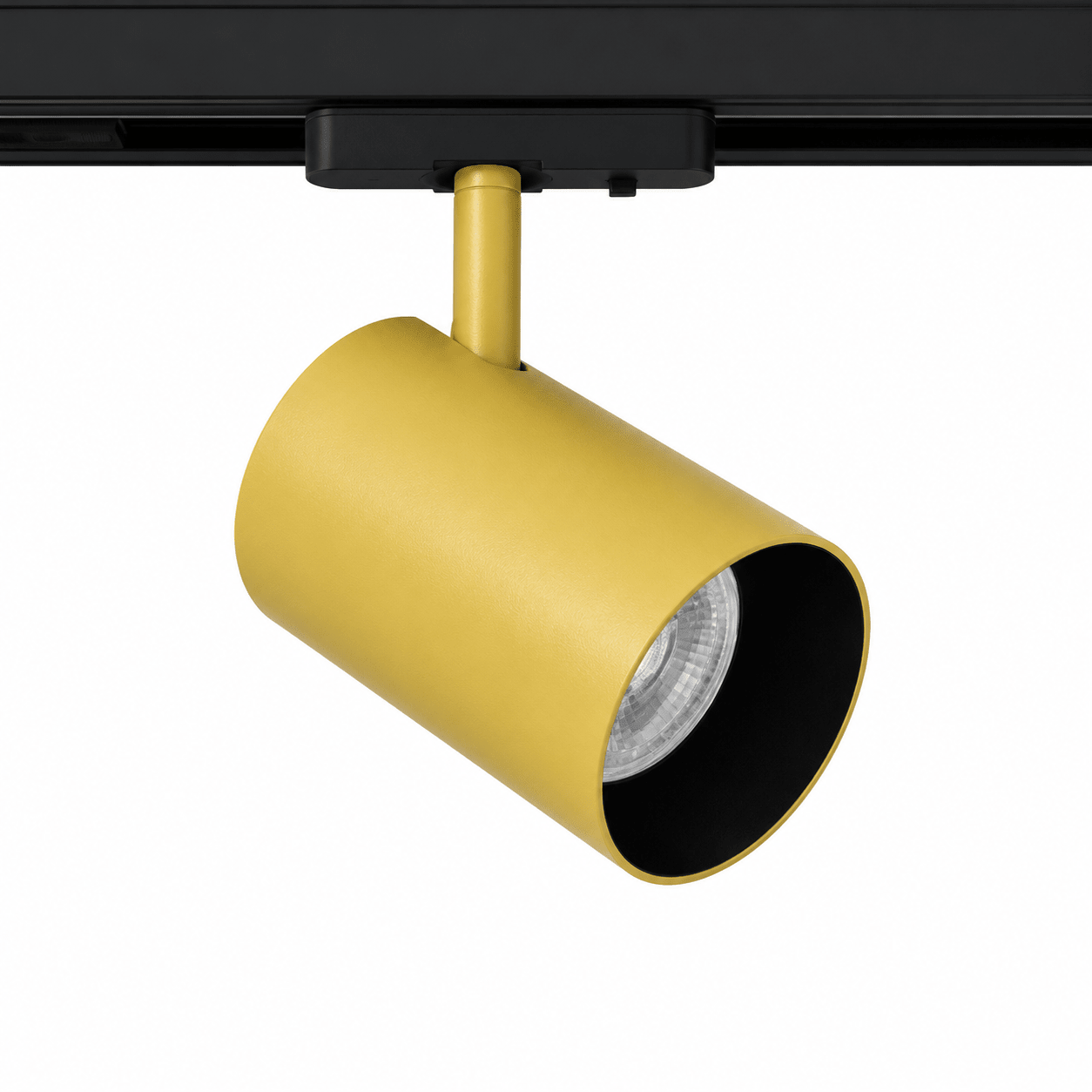 Sand gold track spotlight mounted on a black track, showcasing a sleek design and adjustable head.