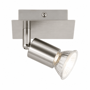 Satin and polished chrome LED spotlight with adjustable head and GU10 bulb fitting.