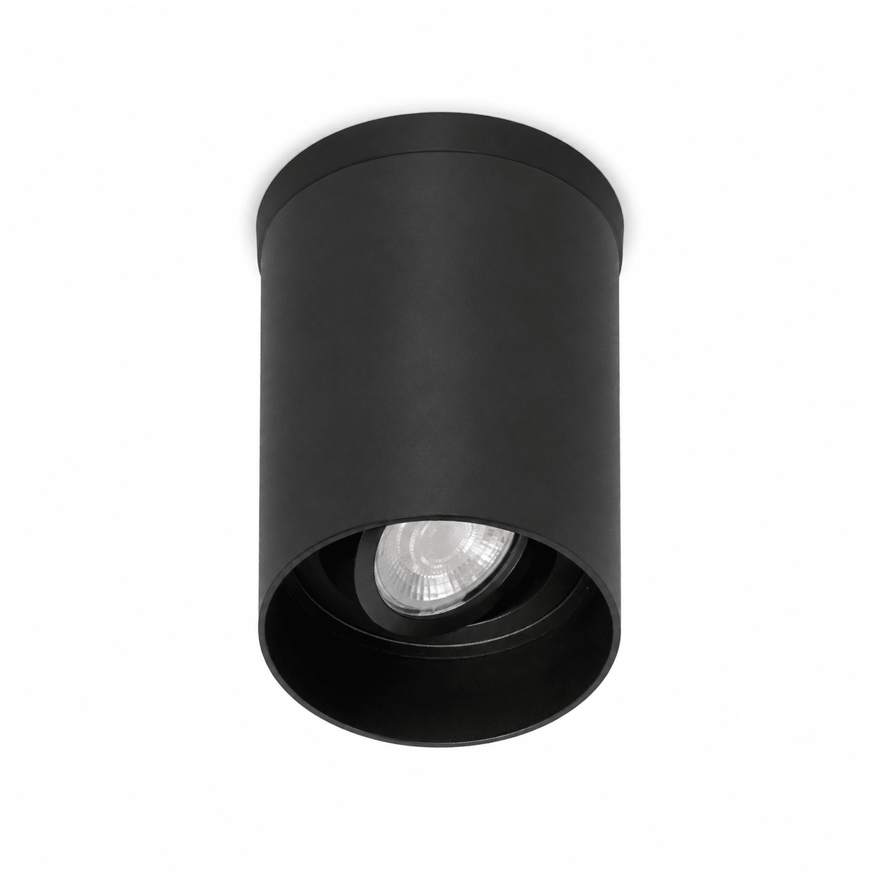 Black cylindrical adjustable surface-mounted GU10 downlight with visible lamp