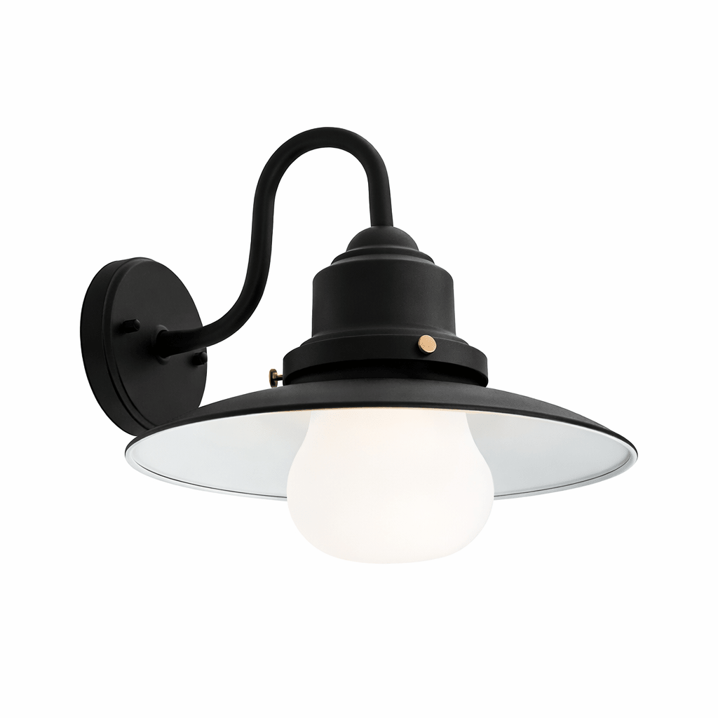 Black wall-mounted light fixture with white glass shade on a white background