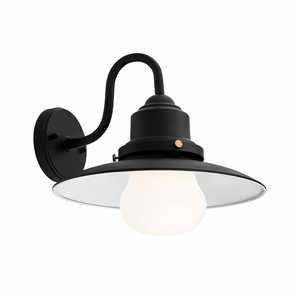 Black wall-mounted light fixture with white glass shade on a white background