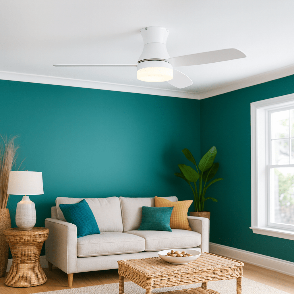 White Steel and Glass Ceiling Fan - Flush Mount Only