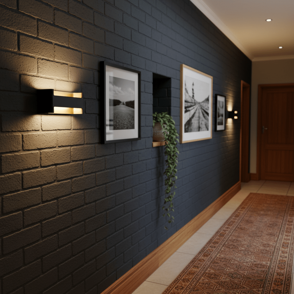 Feloniche LED Wall Light in black and gold illuminating a dark wall with framed artwork and a plant.